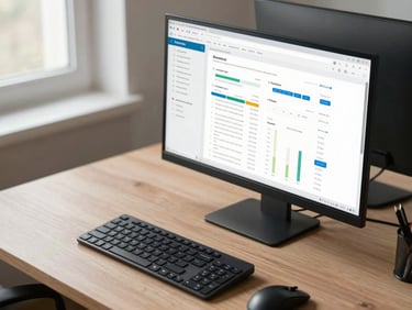 Overhead desk shot, monitor displaying a clean dashboard UI with data charts, keyboard and mouse visible, bright window light from the left