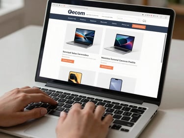 Close-up of a laptop screen showing an e-commerce product listing page, hands on keyboard, natural daylight, minimal desk surface