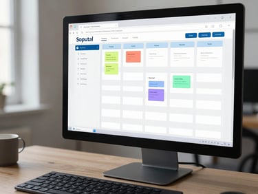 Side-angle shot of a monitor showing a task management app with kanban columns and card items, clean desk environment with keyboard in foreground, cool daylight lighting