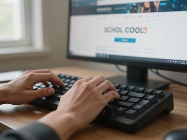 Close-up of hands typing on a mechanical keyboard with a monitor in background showing a school portal login page, natural window light from the left, minimal desk