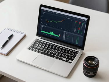 Overhead desk shot with a laptop showing a monitoring dashboard with live charts and alert indicators, clean minimal desk, bright daylight, a pen and notepad beside the laptop