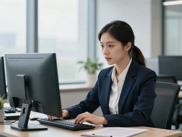 Sober corporate office, focused HR director analyzing technical compliance data on a monitor, cool natural daylight, sharp focus, editorial 35mm