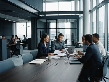 Sober corporate office, structured workspace with clean lines, professional atmosphere, cool daylight, slate and navy tones, editorial 35mm photography