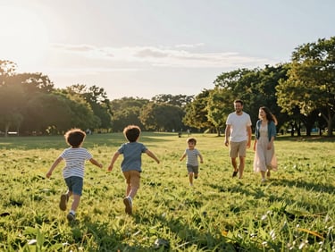 Wide landscape frame — a family of four in a grassy park, children chasing each other in the foreground, parents watching with easy smiles, late afternoon sun cutting low across the scene