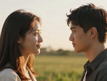 Close portrait of two people facing each other outdoors, foreheads nearly touching, warm golden-hour rim light, out-of-focus meadow behind, no posed arrangement