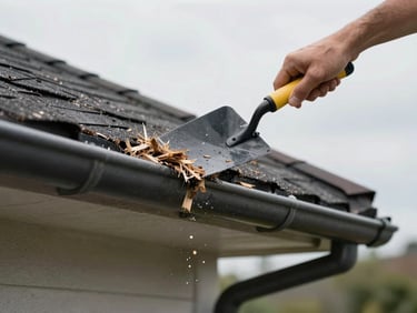 Hands clearing debris from a residential gutter with a trowel, overcast natural light, roof shingles and downspout visible in the frame