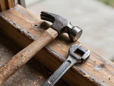 Close-up overhead of a hammer and pry bar resting on weathered wood trim being replaced, natural overcast daylight, sawdust visible on the surface
