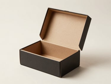Three-quarter studio shot of a custom rigid box with an open lid revealing a branded interior, bright studio strobes, off-white surface, sharp detail on printed exterior, no lifestyle elements