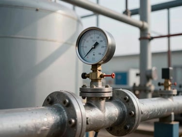 Vortex flow meter flanged into a steam line in an industrial boiler room, gauge face showing live process data, natural shadows from overhead pipe runs, cool overcast work-site light