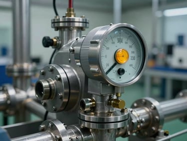 Close-up of a Coriolis flow meter body mounted in a stainless steel process line, amber indicator light on the transmitter face, cool ambient plant lighting, real pipe fittings and wiring conduit visible