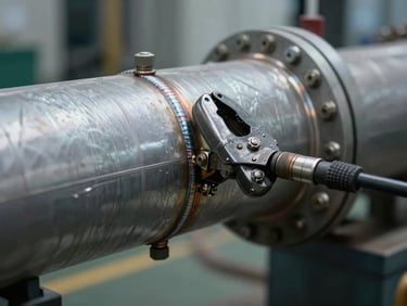 Extreme close-up of a clamp-on ultrasonic transducer bolted to a large-diameter steel pipe in an operating facility, cool work-site daylight, visible pipe insulation and weld seams, no studio lighting