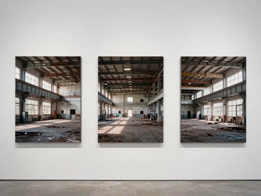 Architectural framing of a triptych from the 'Industrial Scars' series, featuring three large-format prints of a decommissioned factory interior, clean white walls, soft daylight.