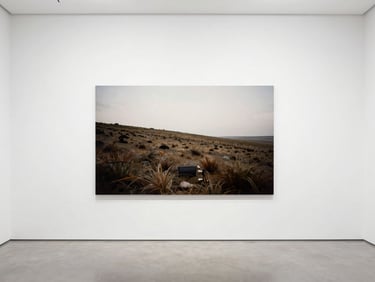 Wide panoramic photograph of a large-format archival pigment print from the 'Altered Landscapes' series, mounted on a clean white gallery wall, soft diffused daylight.