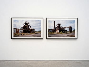 Straight-on view of a framed diptych from the 'Industrial Scars' series, showcasing two large-format photographs of abandoned industrial structures, displayed on a minimalist gallery wall.