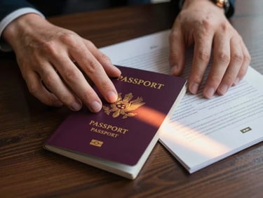 Cinematic close-up of two hands gently resting over international passports and legal documents on a dark wooden table, warm prismatic light leak crossing the frame, shallow depth of field.