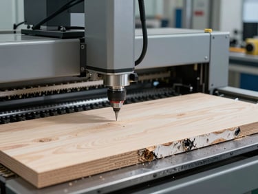 Automated calibration machinery in a modern wood processing plant, precise laser measurement guides projecting onto a raw birch panel, cool slate gray tones.