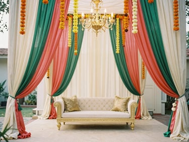 Vibrant Mehendi ceremony setup, colorful drapes, marigold floral hangings, elegant low seating, warm natural daylight
