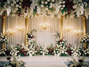 Luxury wedding stage with cascading white and maroon flowers, golden pillars, warm glowing chandeliers, medium format film style