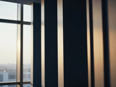 A modern, minimalist office interior with architectural details, soft diffused natural light, deep navy and warm gold tones, shallow depth of field, 35mm lens. No people.
