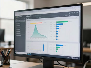 Candid close-up of a clean digital financial dashboard showing utilization metrics on a physical screen in a bright, sunlit creative studio space