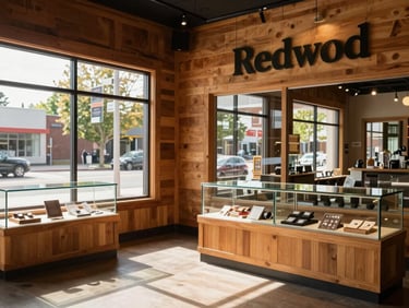 Wide environmental shot of the warm wood-paneled interior of the Redwood storefront on 16th St NE, soft natural daylight streaming through windows, clean glass display cases.