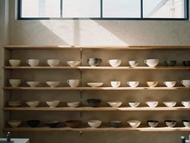 Quiet retail showroom interior, minimalist shelving with ceramics, textured plaster backdrop, soft overhead natural daylight, architectural composition