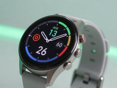 Close-up of a modern Android smartwatch screen showing a vibrant health tracking dashboard, cool studio lighting with subtle green neon accents, 35mm