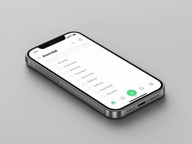 A clean isometric product render of an Android phone displaying a minimalist journaling app interface, soft shadows, technical minimalist aesthetic, 35mm