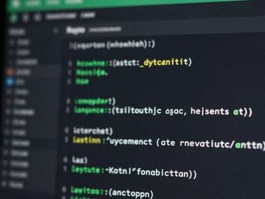 Macro shot of a dark mode code editor displaying clean Kotlin syntax, subtle green highlights on the screen, shallow depth of field, sleek tech photography.