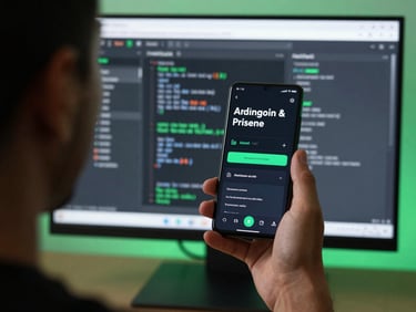 Over-the-shoulder view of a developer testing a sleek dark-mode productivity app on an Android phone, crisp syntax visible on a monitor behind, neon green accents, 35mm