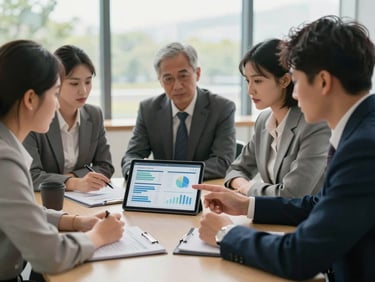 A collaborative meeting room with professional financial agents discussing data on a tablet screen, natural daylight, focused and respectful expressions
