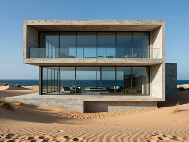 Minimalist concrete villa facade integrated with sand dunes, large floor-to-ceiling glass windows reflecting the deep blue ocean, harsh afternoon sun casting sharp shadows.