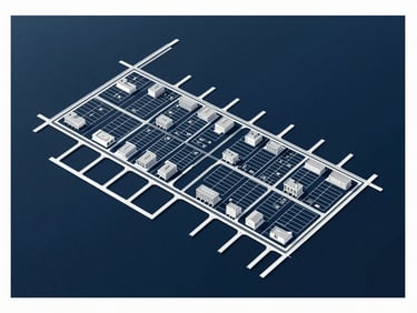 Minimalist architectural masterplan drawing of a coastal community, clean white lines on a deep navy background, showing yacht docks and lot divisions