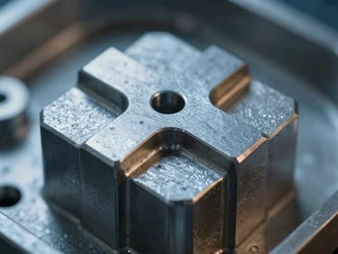 Macro close-up of a finished high-precision stainless steel investment casting showing intricate geometric details and fine textures, cool blue-toned ambient workshop light