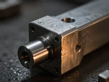 Macro shot of an alloy steel component, highlighting high-precision dimensional tolerances under dramatic high-contrast foundry lighting.