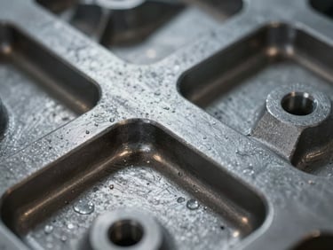 Macro shot of a stainless steel casting surface, showcasing fine geometric details under cool steel gray lighting.
