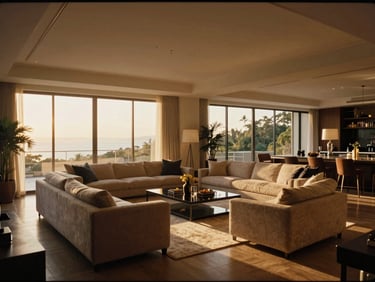 Wide-angle interior of an open-plan luxury living room with warm golden-hour light streaming through floor-to-ceiling windows, 35mm photography.