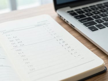 Tight focused macro shot of a clean notebook page with hand-written financial ratios next to a sleek laptop keyboard on a wooden desk
