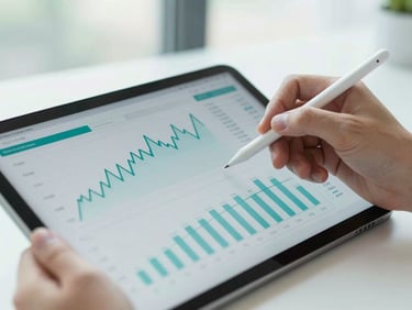 Close-up of a financial model on a tablet screen, professional hands holding a stylus, bright natural window light, shallow depth of field