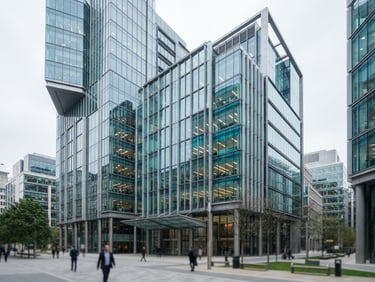 Wide environmental shot of modern corporate glass architecture, bright natural overcast daylight, cool corporate tones with subtle turquoise reflections, professional editorial photography, 50mm lens.