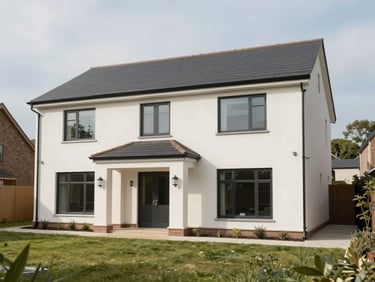 Wide exterior shot of a completed UK residential extension, clean rendered finish, overcast north-facing daylight, no people, architectural photography framing