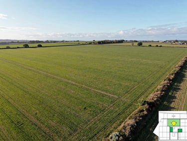 Aerial view of a land parcel boundary, green field with hedgerow edges, planning map overlay not depicted, wide sky, flat UK light