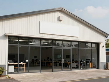 Exterior of a converted agricultural outbuilding now used as a commercial workspace, signage removed, clean rendered finish, even daylight