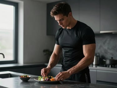 A disciplined male athlete in professional black sportswear preparing a clean, structured meal in a modern kitchen with natural window light, 35mm, moody athletic photography