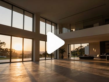 A wide cinematic video frame showing an ultra-luxury modern villa interior with floor-to-ceiling windows, golden hour sunset light casting soft dramatic shadows, subtle play icon overlay in the center, 8k resolution