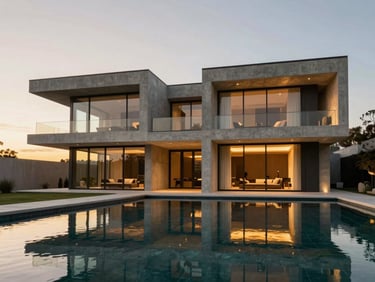 Luxury modern concrete and glass villa with reflection pool at sunset, architectural symmetry, warm lighting, 8k resolution