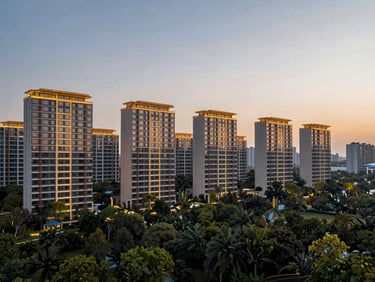 Low-rise luxury residential blocks integrated with natural forest landscape, twilight, warm architectural lighting