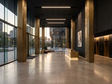 Minimalist modern commercial building lobby with brushed brass columns, polished concrete floors, dramatic natural light, 8k resolution