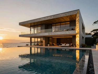 Ultra-luxury modern villa on the waterfront, infinity pool reflecting the golden sunset sky, structural steel and warm gold accents, high-end real estate photography, 8k