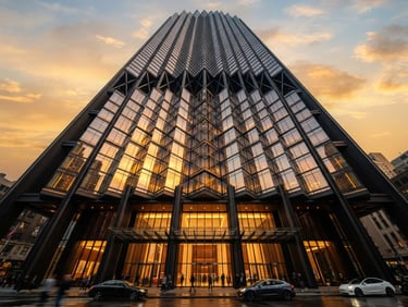 Low-angle architectural shot of a modern luxury skyscraper facade, golden hour sunlight reflecting on glass panels, deep charcoal steel structures, ultra-wide angle lens, premium editorial look